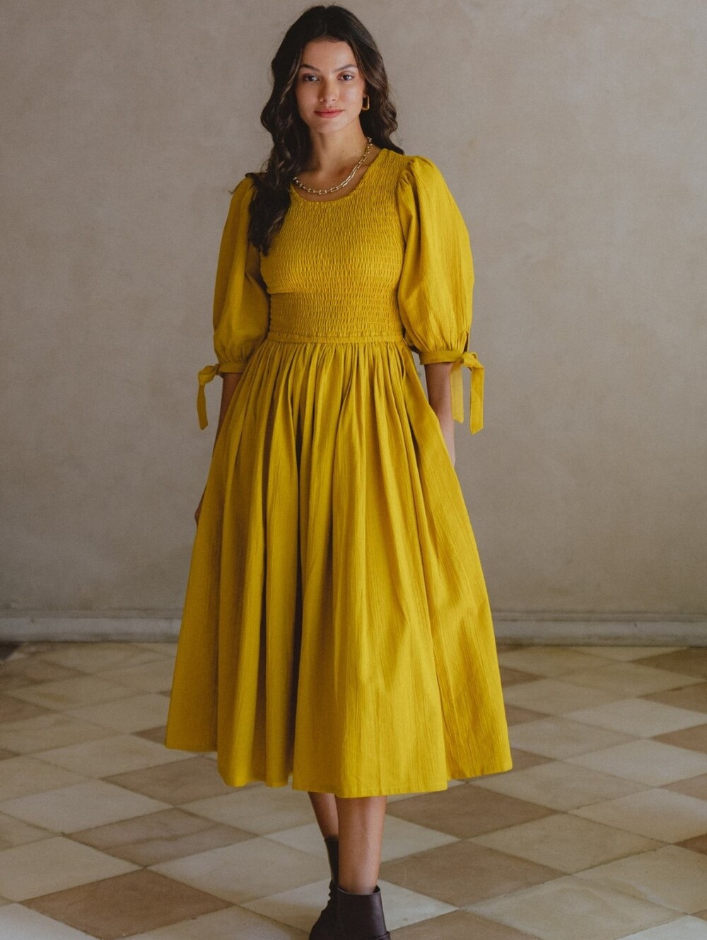 Bali Elf Made By Hand Freya Smocked Linen Midi Dress Amber Mustard